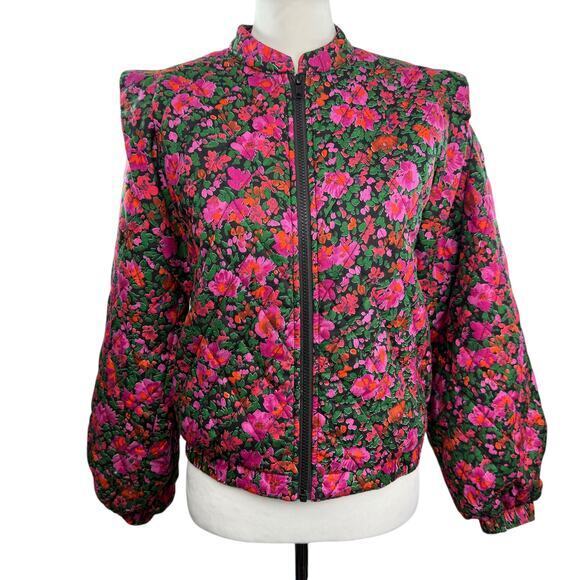 YAS Yasblooma Quilted Zip‎ Up Bomber Jacket Women Size Small Black Floral - Picture 1 of 7